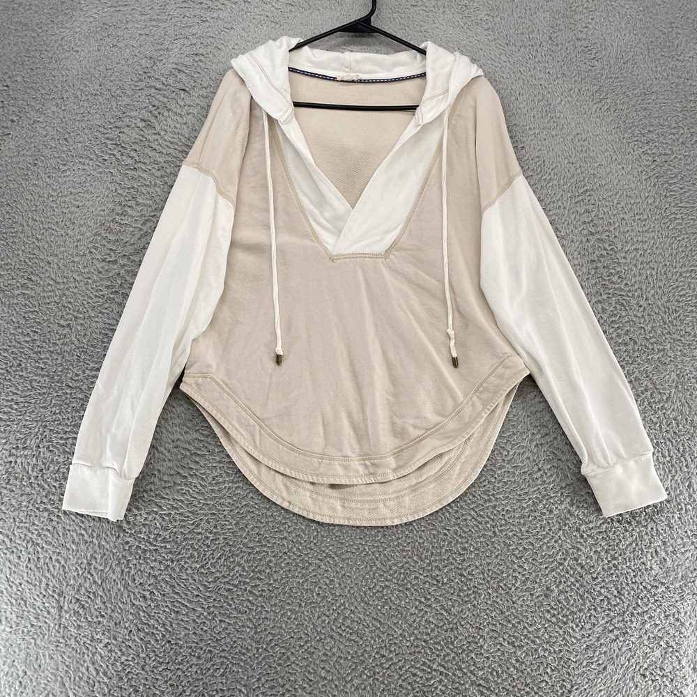 Pilcro Hoodie Womens Medium Beige Neutral V‎ Neck Knit Sweatshirt Slouchy